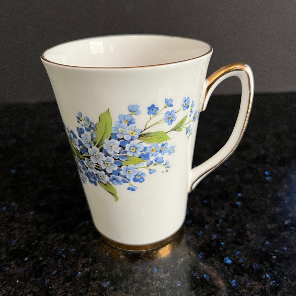 Vintage Royal Windsor Numbered Bone China Mug Blue Flowers Gold Trim